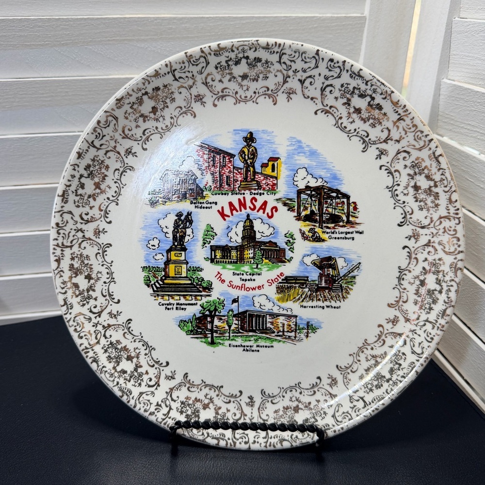 Vintage State of Kansas Souvenir Decorative Plate with Scenic Landmarks - White
